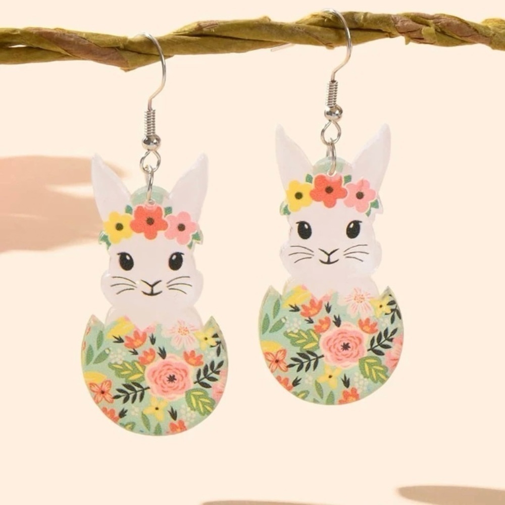 Floral Easter Bunny in Egg Earrings
